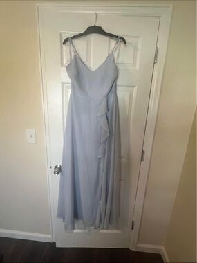 Birdy Grey Chiffon Ice Blue Spaghetti Strap Ruffle Maxi Dress